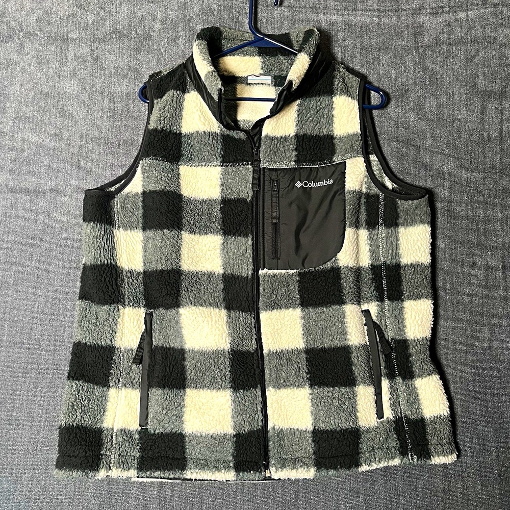 Columbia Women's Vest XL Gray Black White Plaid Full Zip Stand-Up Collar